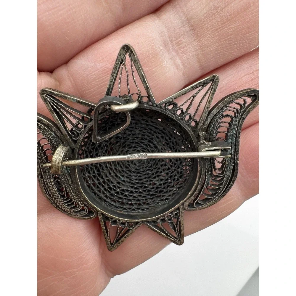 Vintage Egyptian Silver Filigree Carnelian Brooch Pendant Handmade Lotus Jewelry